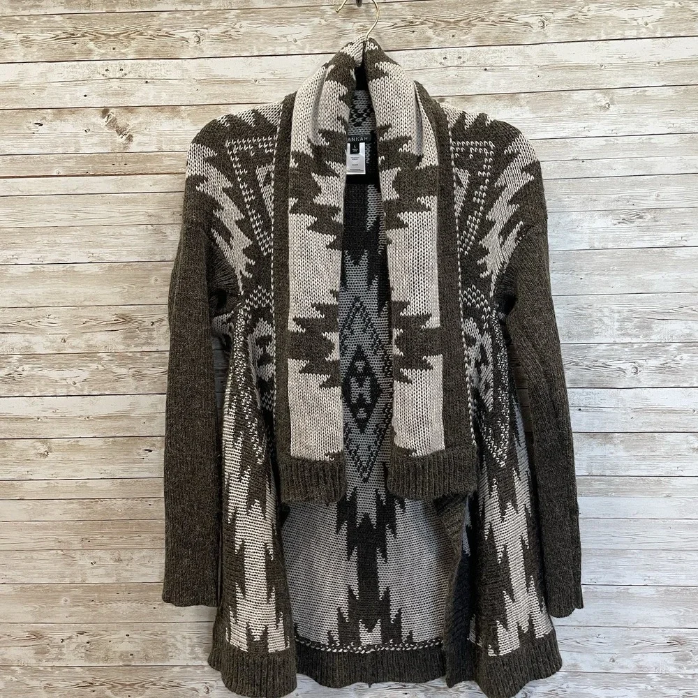 Hannah Womens‎ L Sweater Open Cardigan Gray Southwestern Aztec Scarf Collar - Picture 2 of 10